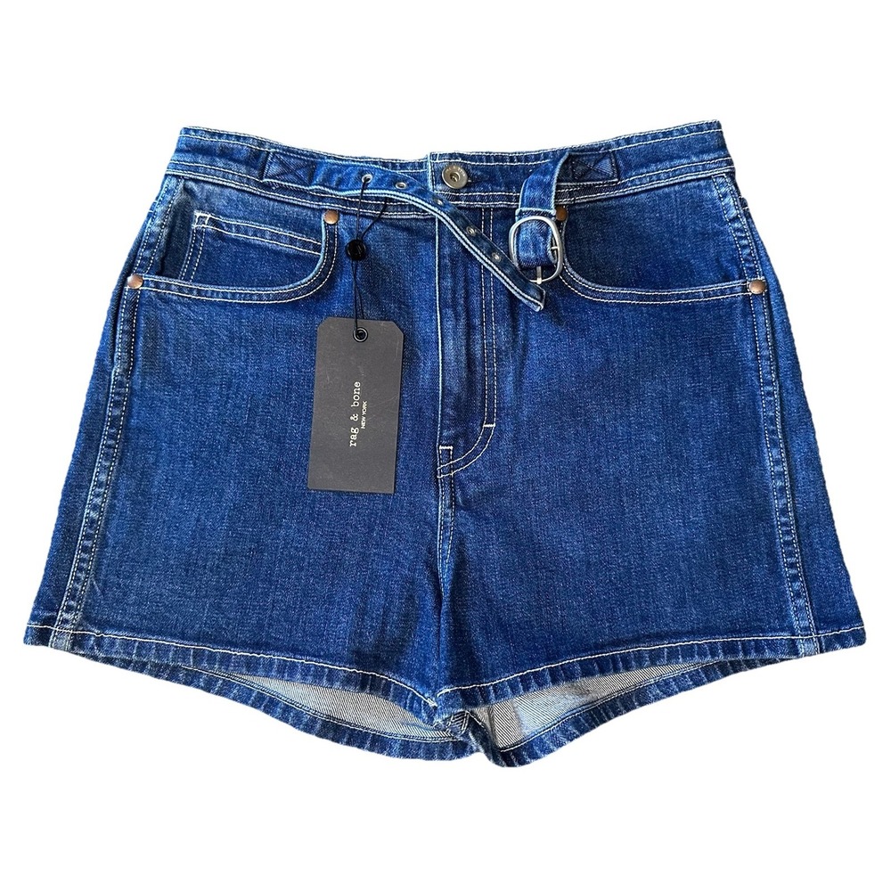 rag & bone Dark Blue High-Rise Denim Jean Shorts with Belt